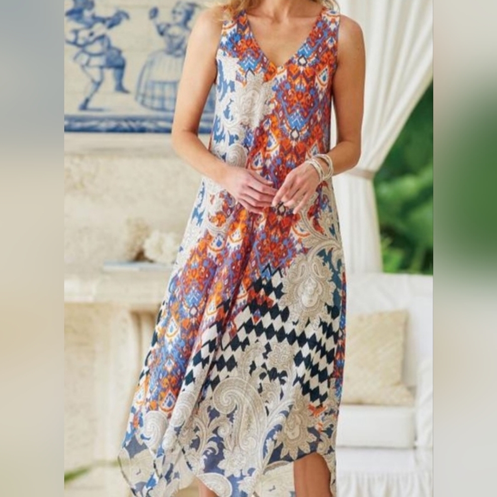 Soft‎ Surroundings Emiliana Gauze Maxi Dress Small Asymmetrical hem Boho Coastal